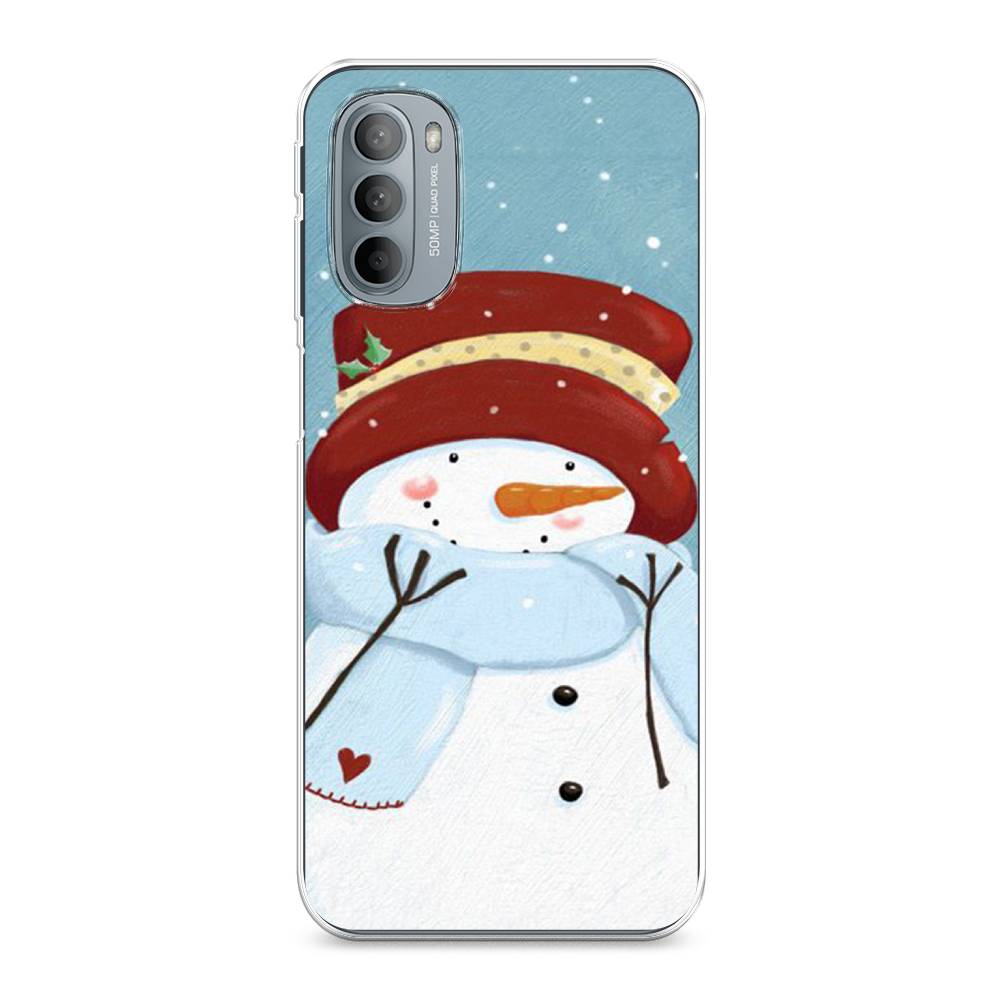 

Чехол на Motorola Moto G31 "Застенчивый снеговик", Голубой;белый;красный, 241850-5