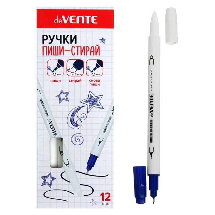 Ручка со стираемыми чернилами капилярная deVENTE, 0,5 мм и 3 мм, белый корпус, чернила син
