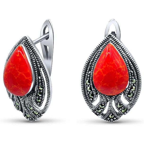 

Серьги женские из серебра Silver Wings 220960-39, марказит/коралл, 220960-39