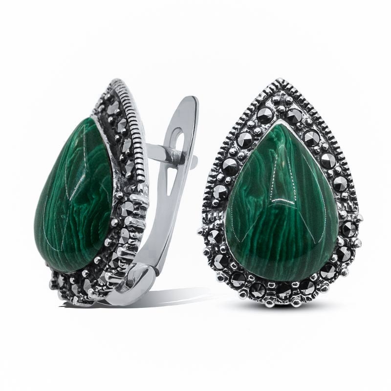 

Серьги женские из серебра Silver Wings 221209-39, марказит/малахит, 221209-39