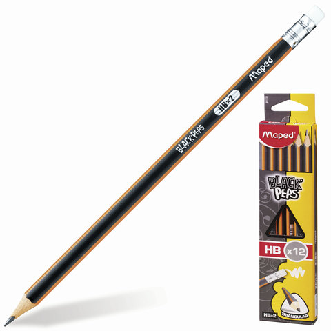 фото Набор карандашей чернографитных "black pep's", hb, трехгранные, с резинкой, 12 штук maped