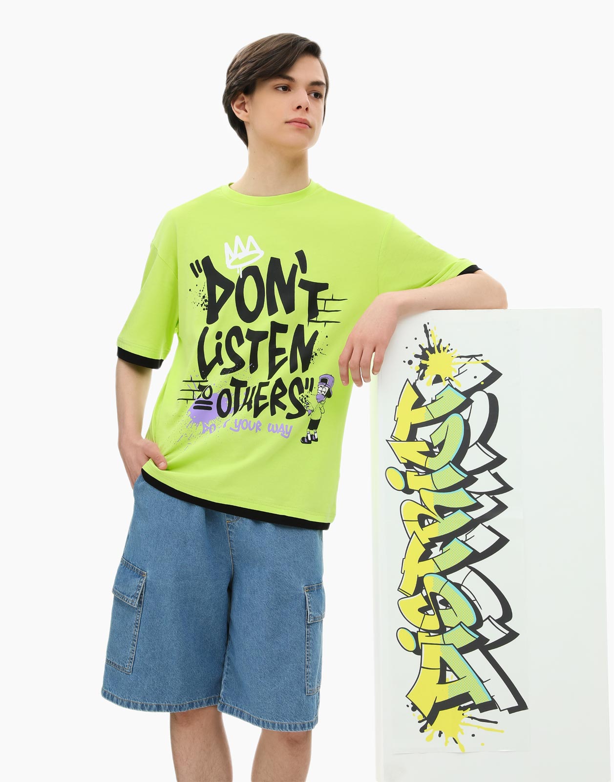 

Зелёная футболка со вставками и принтом для мальчика 8-10л/134-140, Зеленый, BKT012405