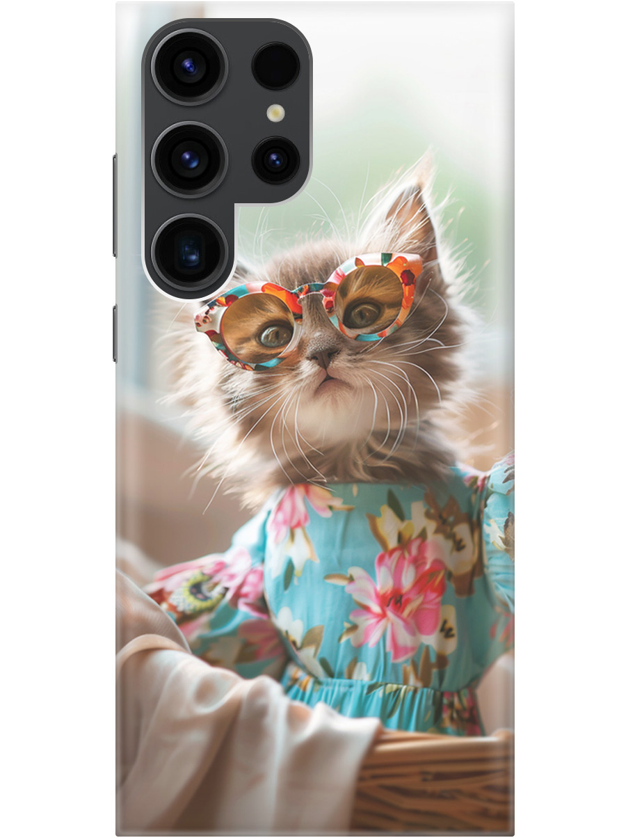 

Силиконовый чехол на Samsung Galaxy S23 Ultra с рисунком "Кошечка в голубом платье", Белый;голубой;серый, 20000521