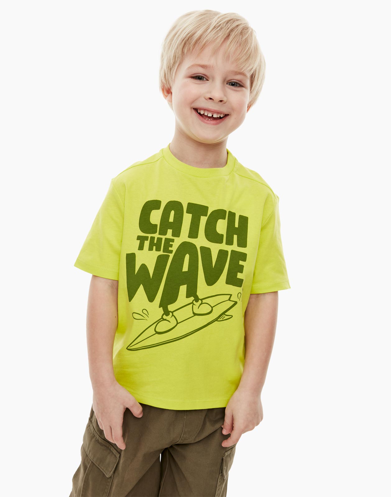 

Зелёная футболка с принтом Catch the wave для мальчика 6-7л/122, Зеленый, BKT013251