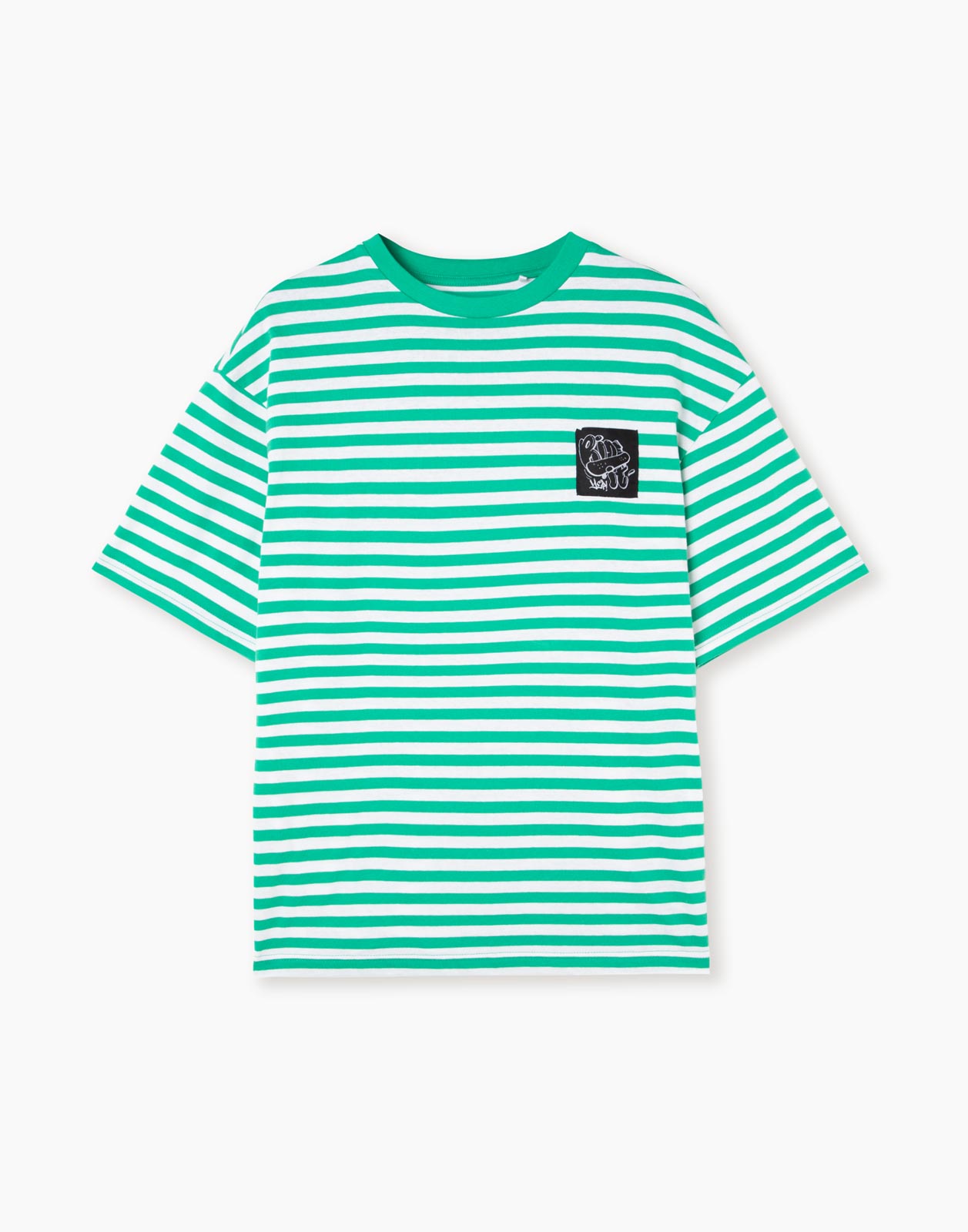 Зелёная футболка oversizе в полоску для мальчика 10-12л/146-152