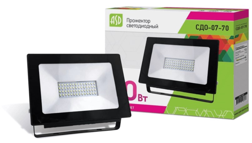 фото Прожектор светодиодный asd сдо-07 70w (5600lm) smd 6500k, 240x175x38мм, черный, ip65, 8607