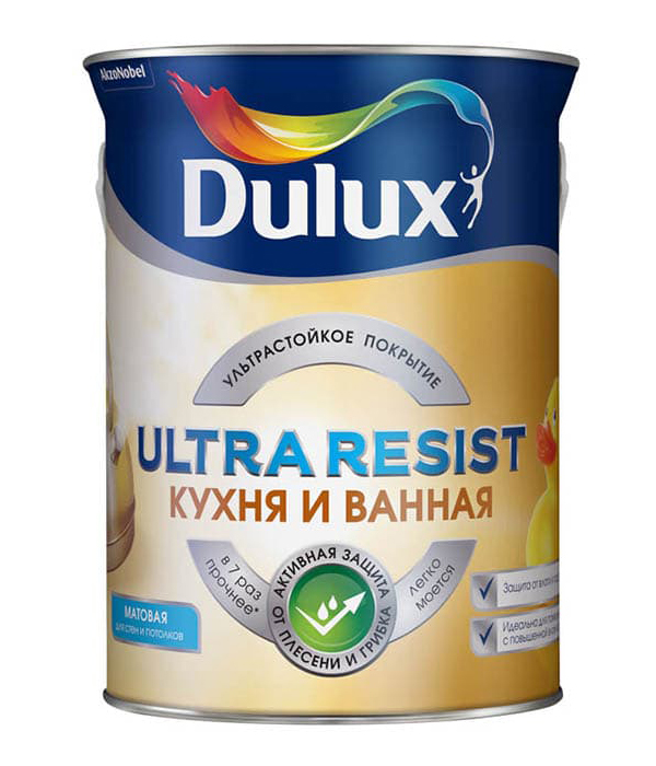 краска dulux ultra resist для кухни и ванной база bw 5 л Краска Dulux Ultra Resist для кухни и ванной, база BW, 5 л