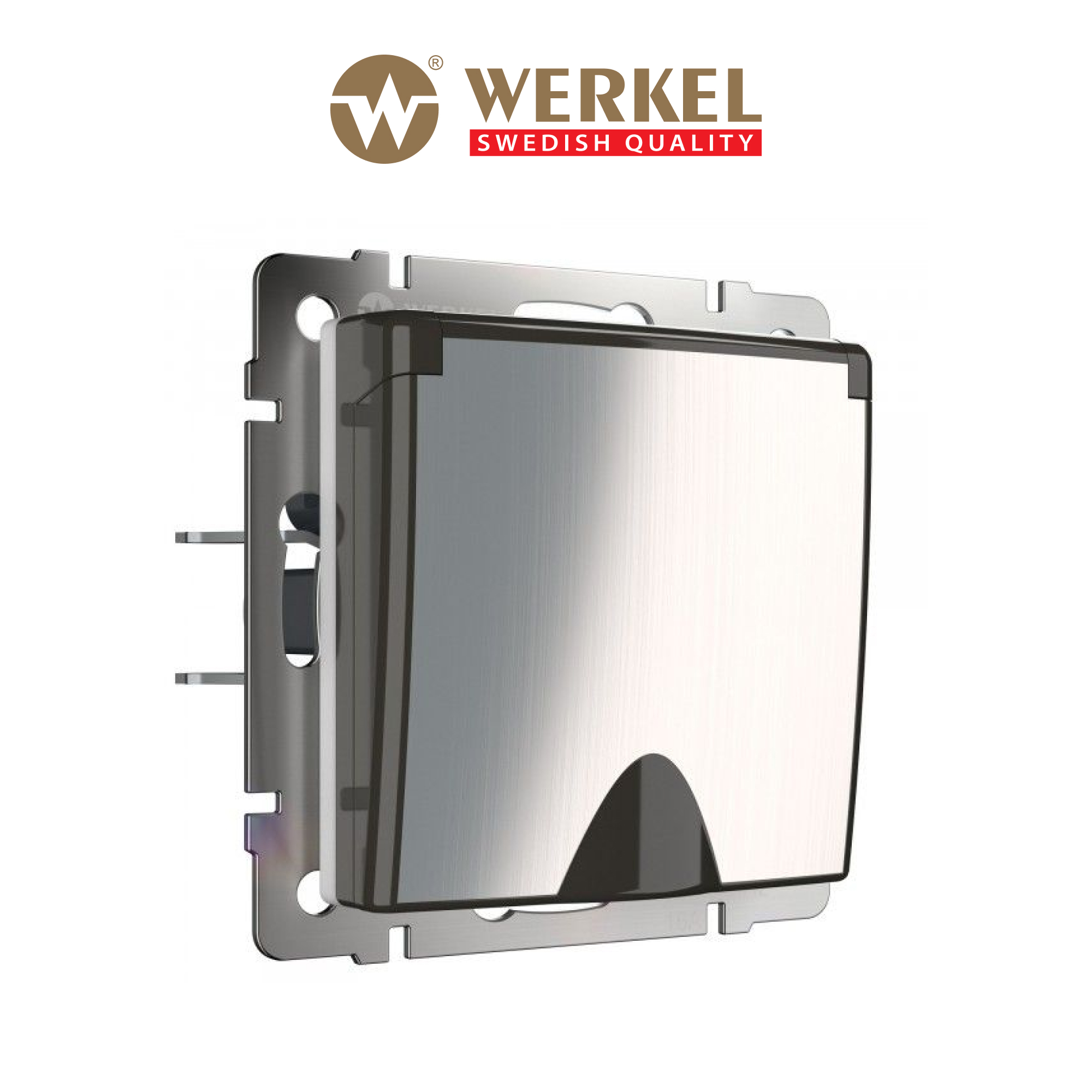 

Розетка влагозащищенная Werkel W1171202 глянцевый никель заземление, защит. крышка, шторки, Серебристый, Розетка с заземлением, шторками и крышкой IP44