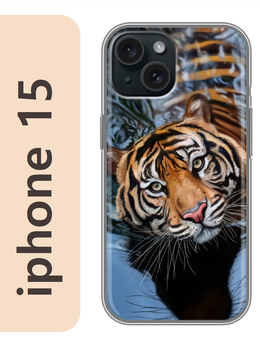 

Чехол на Apple Iphone 15 тигр в воде 859, Прозрачный, Iph15zhiv