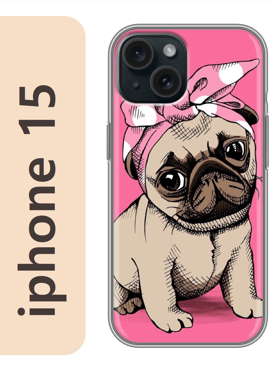 

Чехол на Apple Iphone 15 мопс с бантом 812, Прозрачный, Iph15dogs