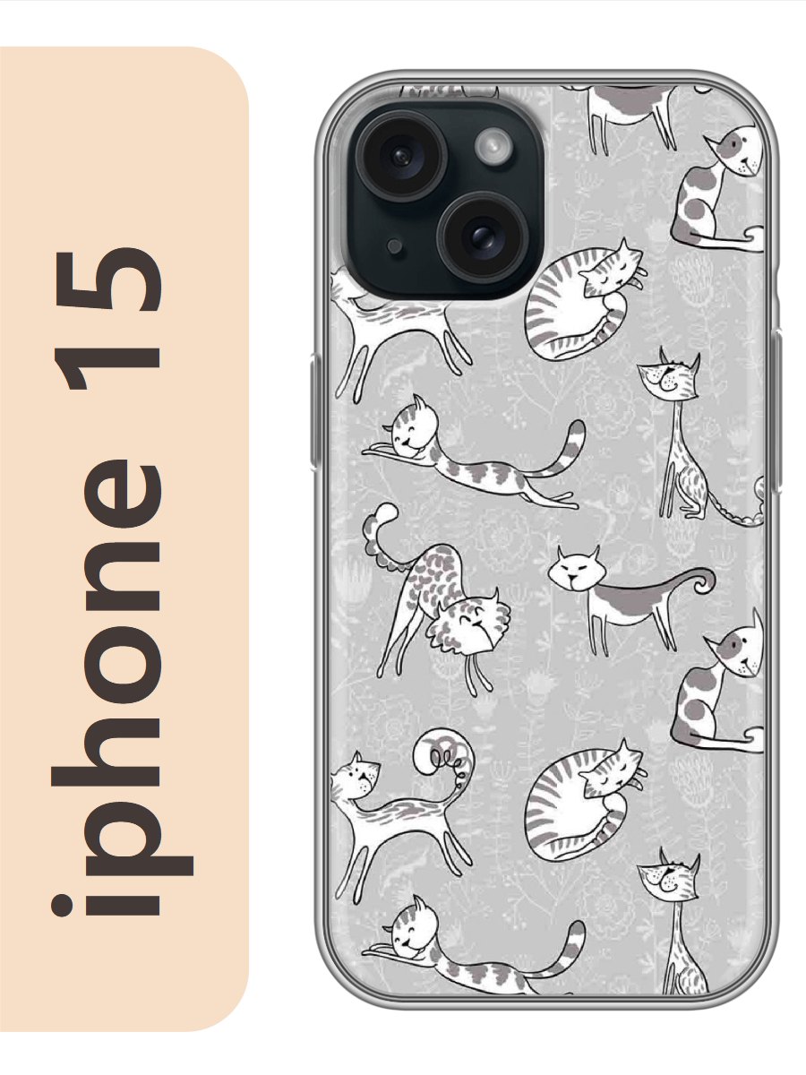 

Чехол на Apple Iphone 15 кошки серый фон 776, Прозрачный, Iph15cats