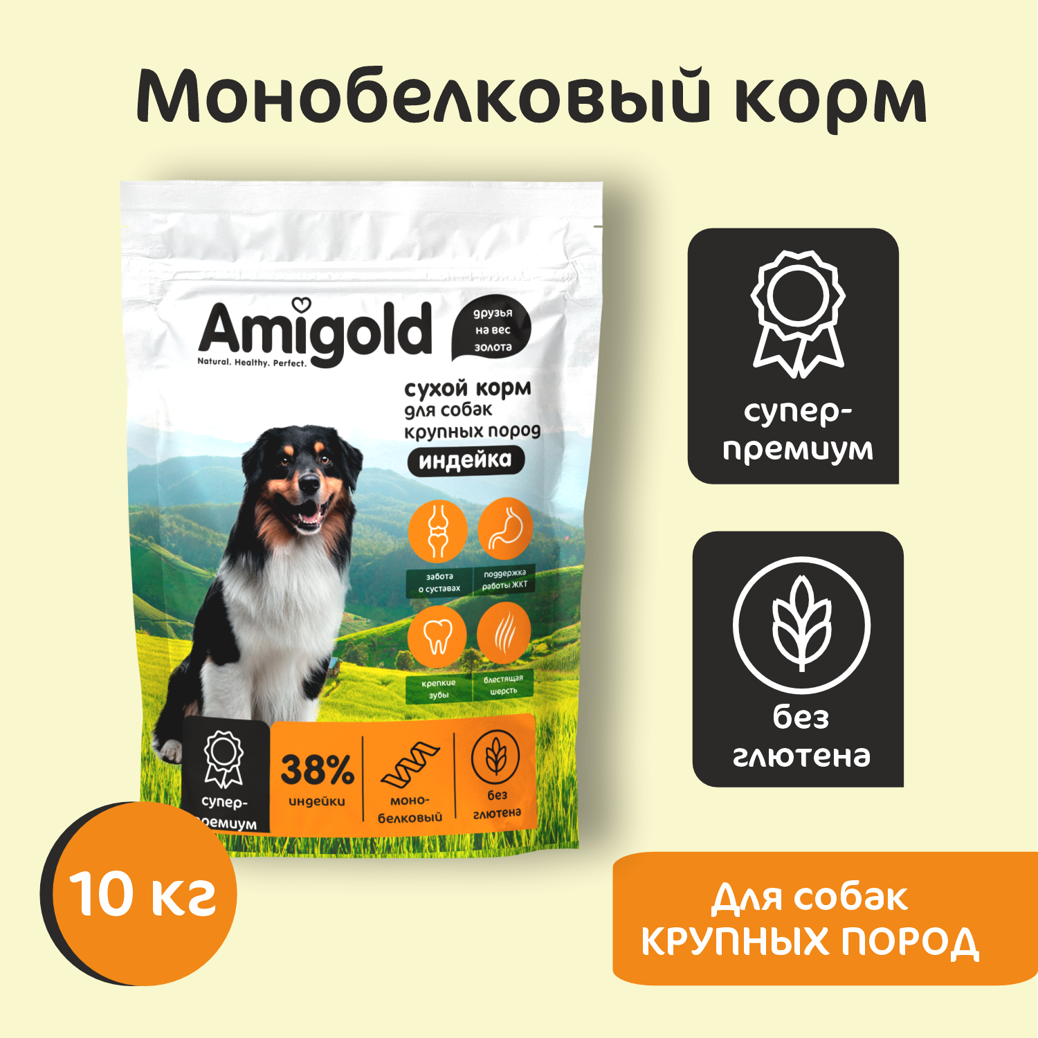 Сухой корм для собак AmiGold, для крупных пород, с индейкой, 10 кг