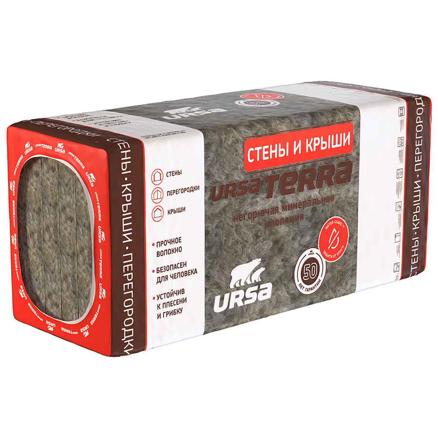 

URSA Terra 36PN Стены и крыши минеральная вата 1250х610х50мм (7,63м2=0,38м3) (упак. 10шт.)