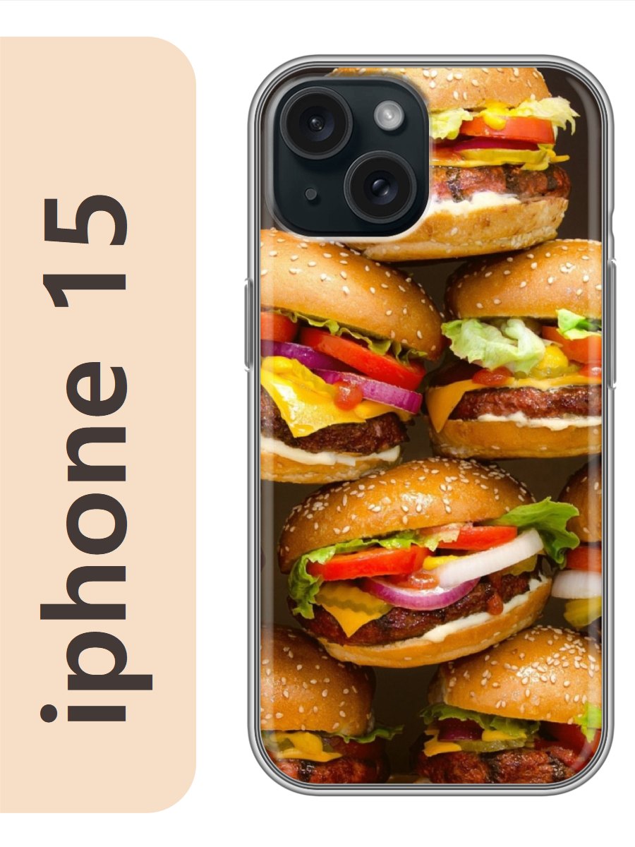 

Чехол на Apple Iphone 15 бургеры гамбургеры 458, Прозрачный, Iph15food