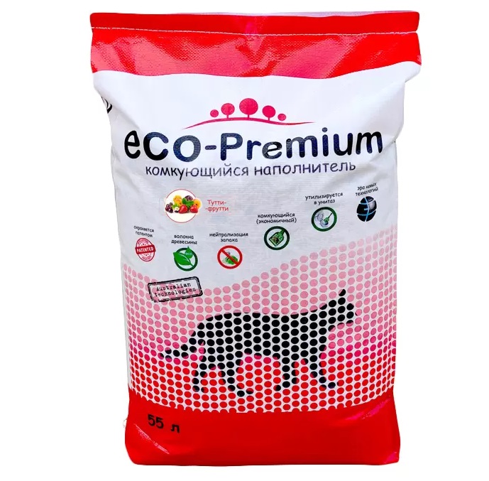 Комкующийся наполнитель Eco Premium Тутти-фрутти древесный, 55 л, 20,2 кг