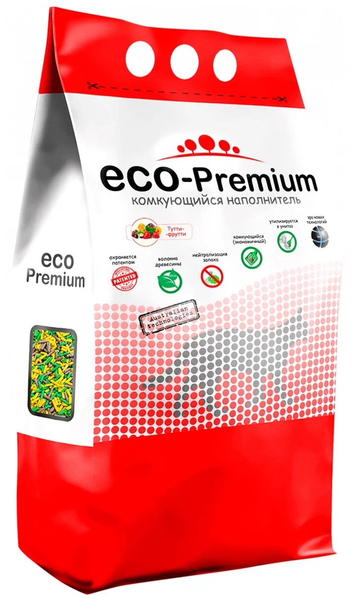 Комкующийся наполнитель Eco Premium Тутти-фрутти древесный, 20 л, 7,6 кг