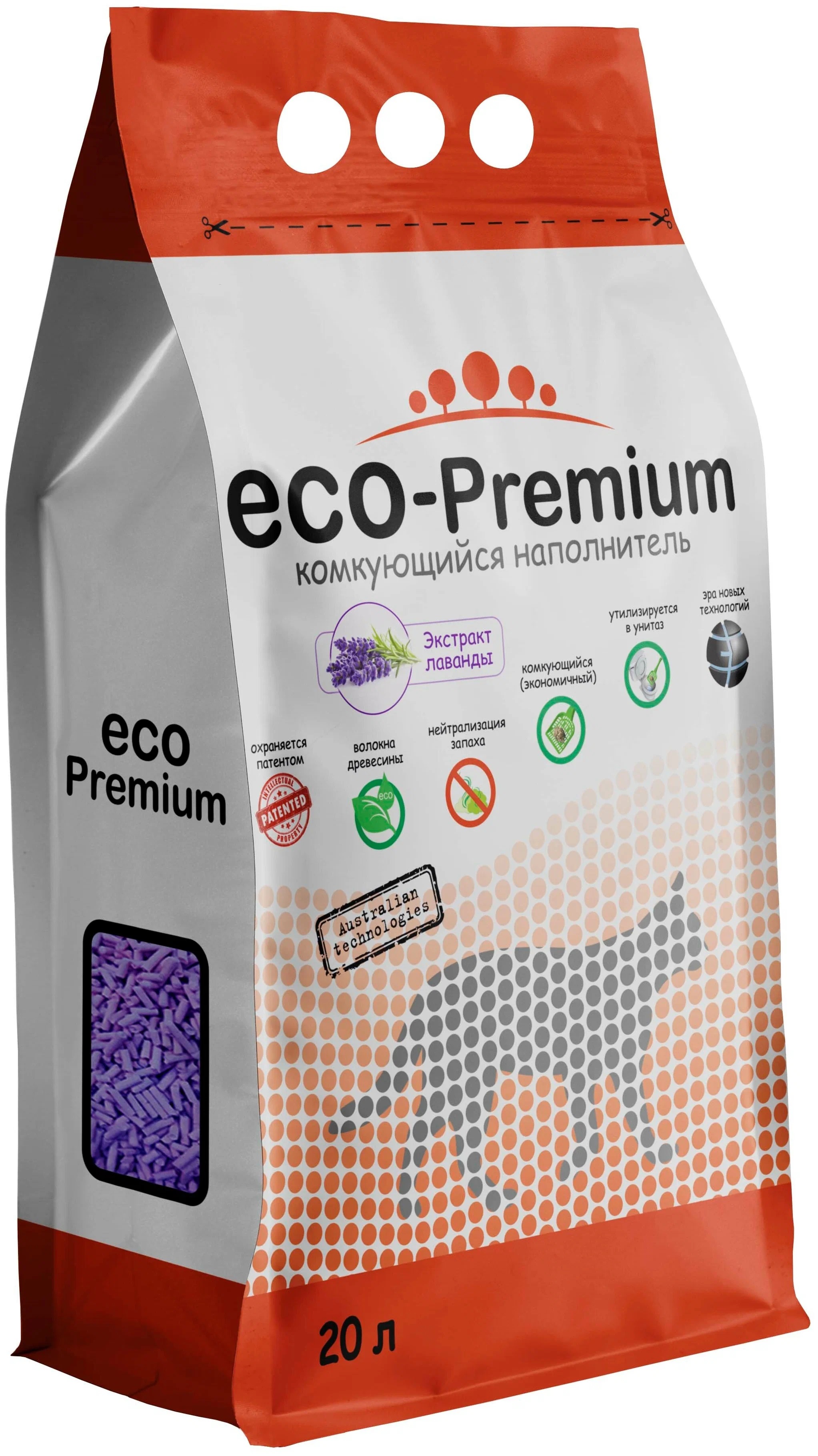 Комкующийся наполнитель Eco Premium Лаванда древесный, 20 л, 7,6 кг