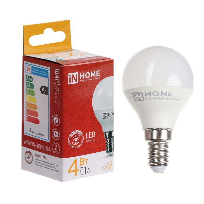 

Лампа светодиодная IN HOME LED-ШАР-VC, 4 Вт, 230 В, Е14, 3000 К, 380 Лм