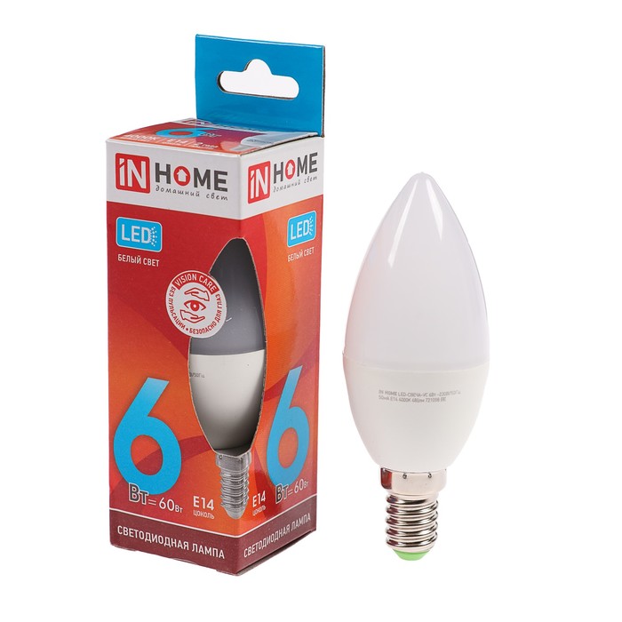 

Лампа светодиодная IN HOME LED-СВЕЧА-VC, Е14, 6 Вт, 230 В, 4000 К, 540 Лм