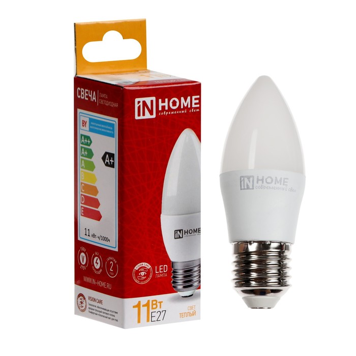 

Лампа светодиодная IN HOME LED-СВЕЧА-VC, 11 Вт, 230 В, Е27, 3000 К, 1050 Лм