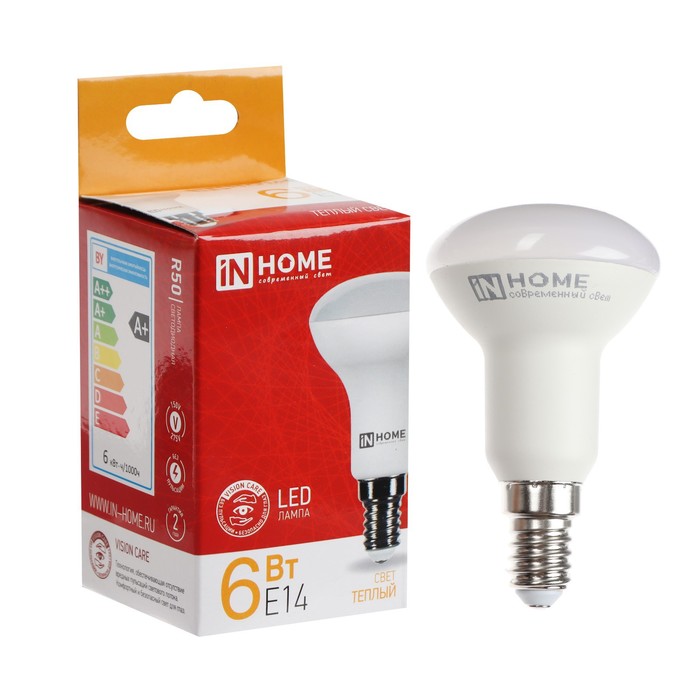 

Лампа светодиодная IN HOME LED-R50-VC, 6 Вт, 230 В, Е14, 3000 К, 530 Лм