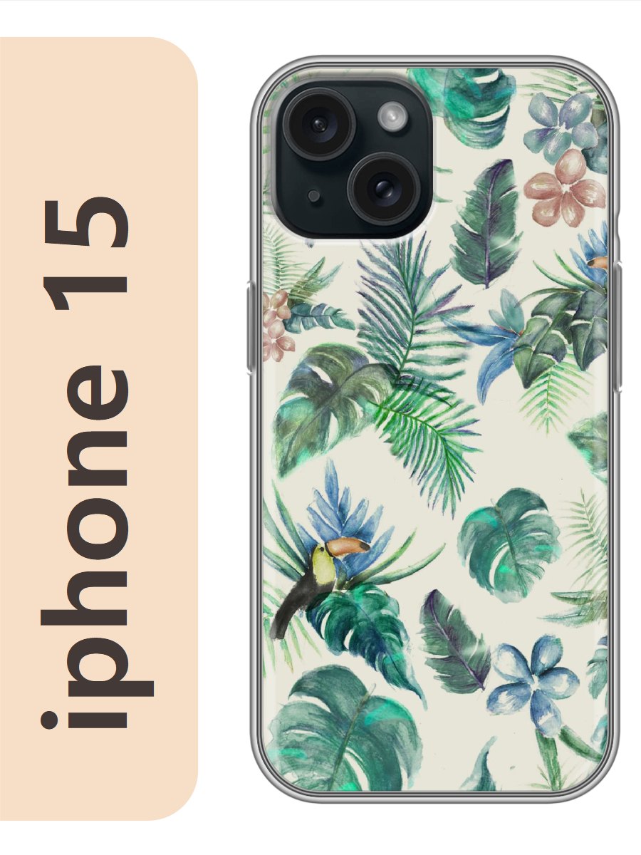 

Чехол на Apple Iphone 15 тукан цветы листья 117, Прозрачный, Iph15rzne