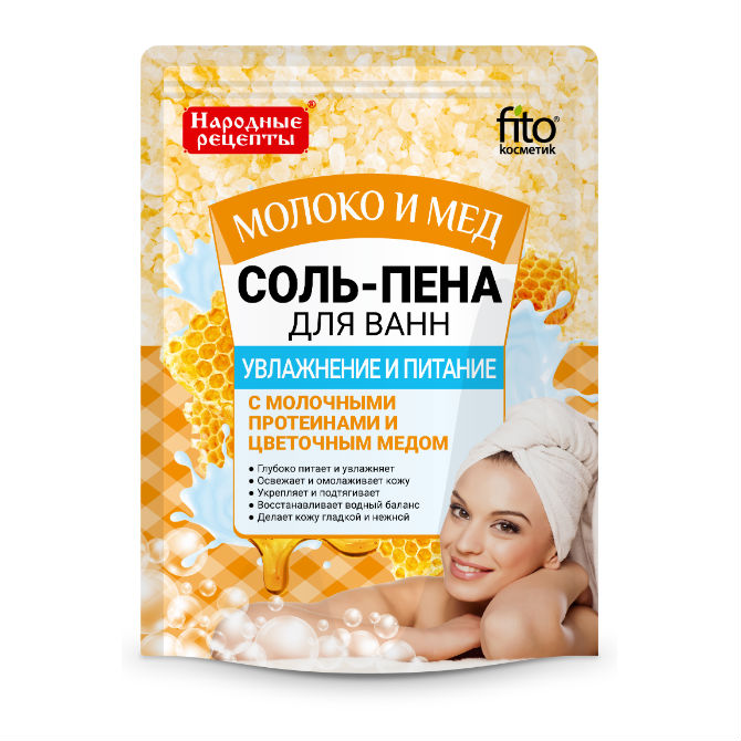 Соль-пена для ванн Фитокосметик Народные рецепты увлажнение и питание Молоко и мед 200 г
