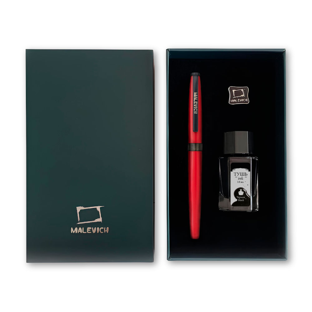 Ручка перьевая Малевичъ 196428 с конвертером, черными чернилами и значком, красный