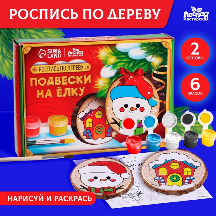 

Роспись по дереву. Подвески на елку «Снеговик и домик»