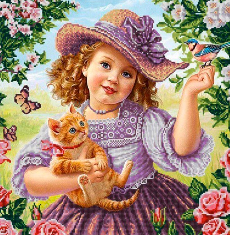 фото Рисунок на ткани «малышка и котенок» конёк