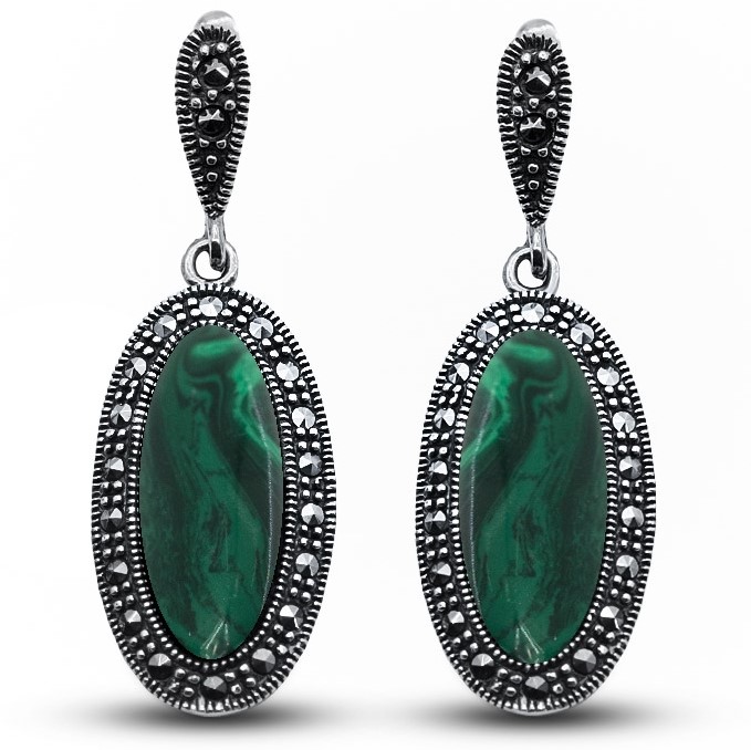 

Серьги женские из серебра Silver Wings 221020-39, марказит/малахит, 221020-39