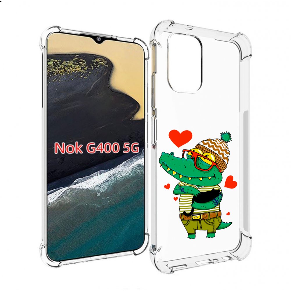 Чехол MyPads зеленый-крокодильчик-в-красной-оправе для Nokia G400 5G