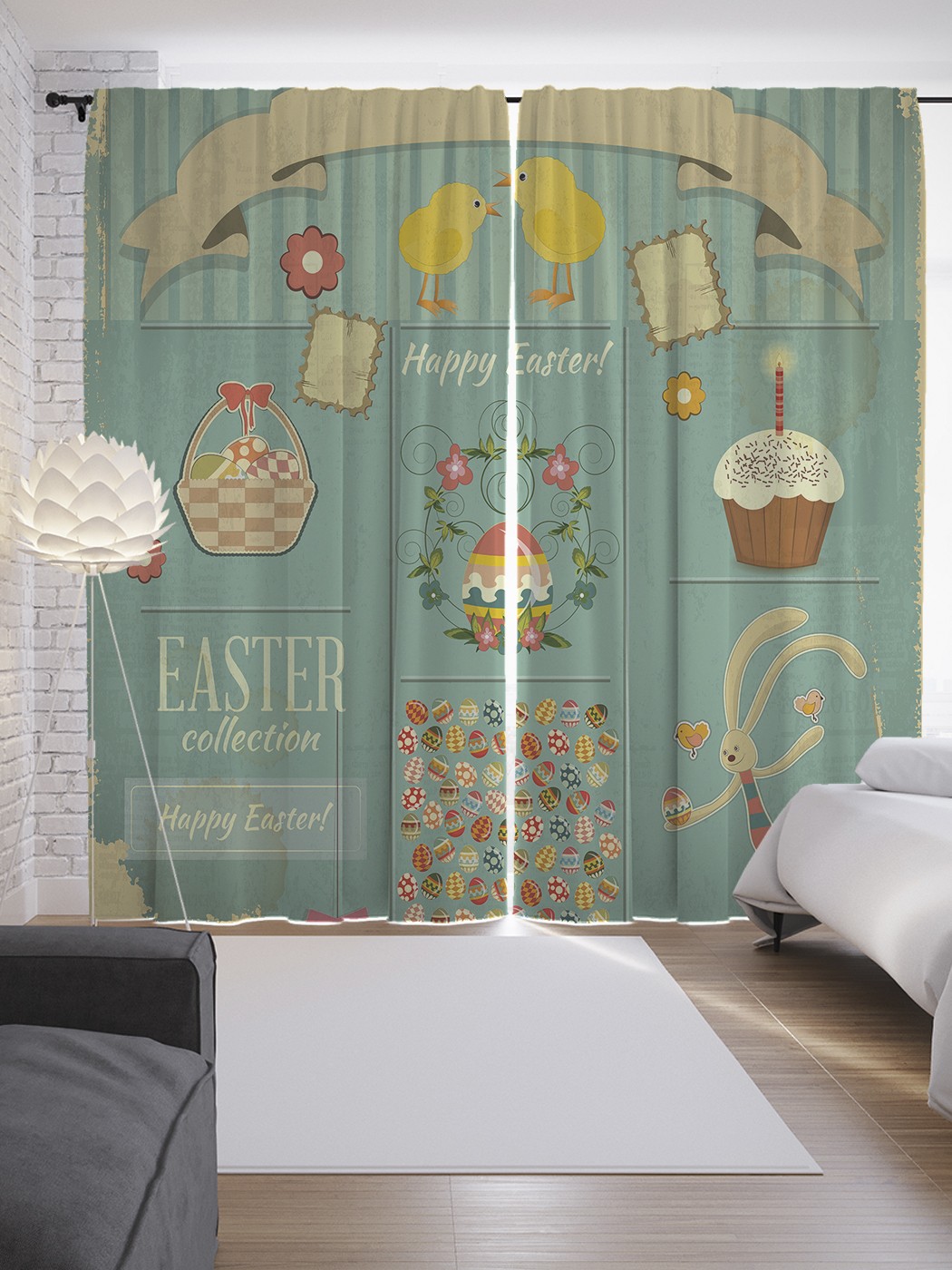 

Шторы JoyArty с фотопечатью "Винтажное поздравление на Пасху" из сатена, 290х265 см, Винтажное поздравление на Пасху