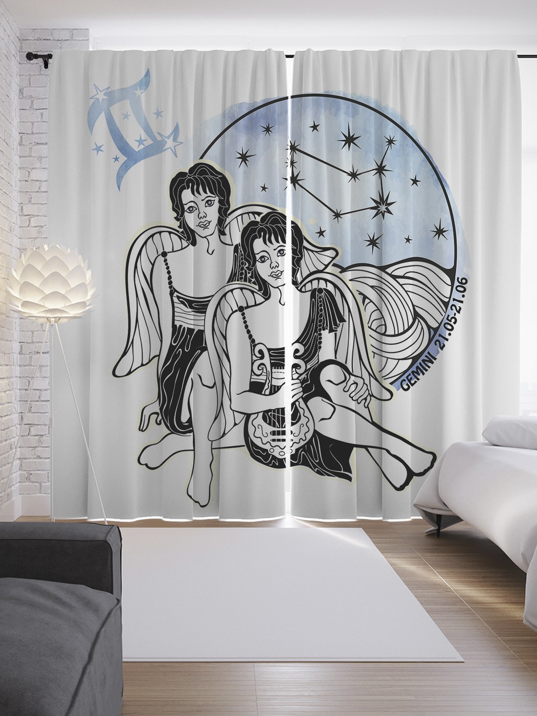 

Шторы JoyArty с фотопечатью "Рисунок и созвездие Близнецы" из сатена, 290х265 см, Рисунок и созвездие Близнецы