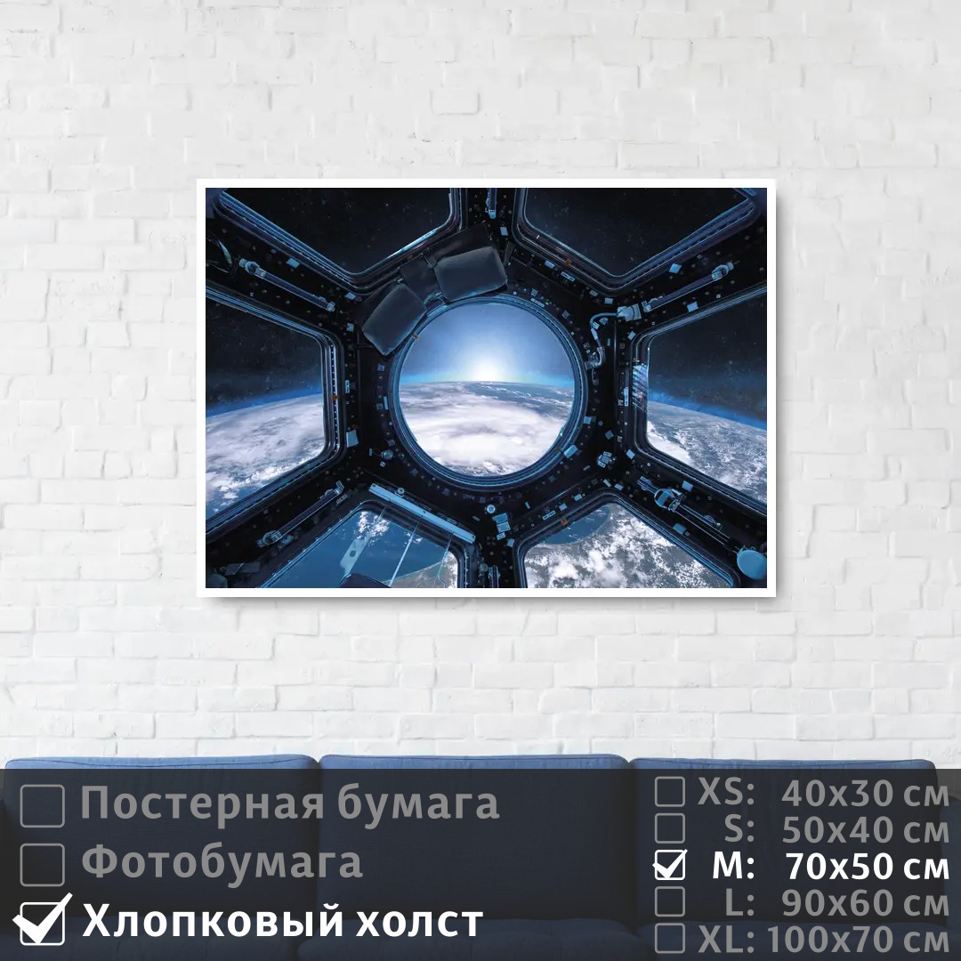 

Постер на холсте ПолиЦентр Вид из иллюминатора космической станции 70х50 см, ВидИзИллюминатораКосмическойСтанции