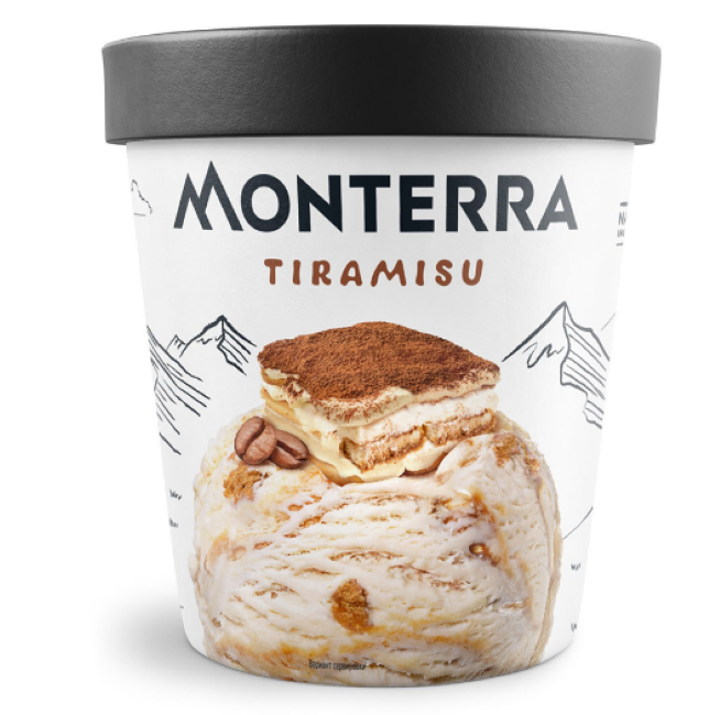 

Мороженое пломбир Monterra Тирамису с сыром маскарпоне и кусочками печенья БЗМЖ 277 г