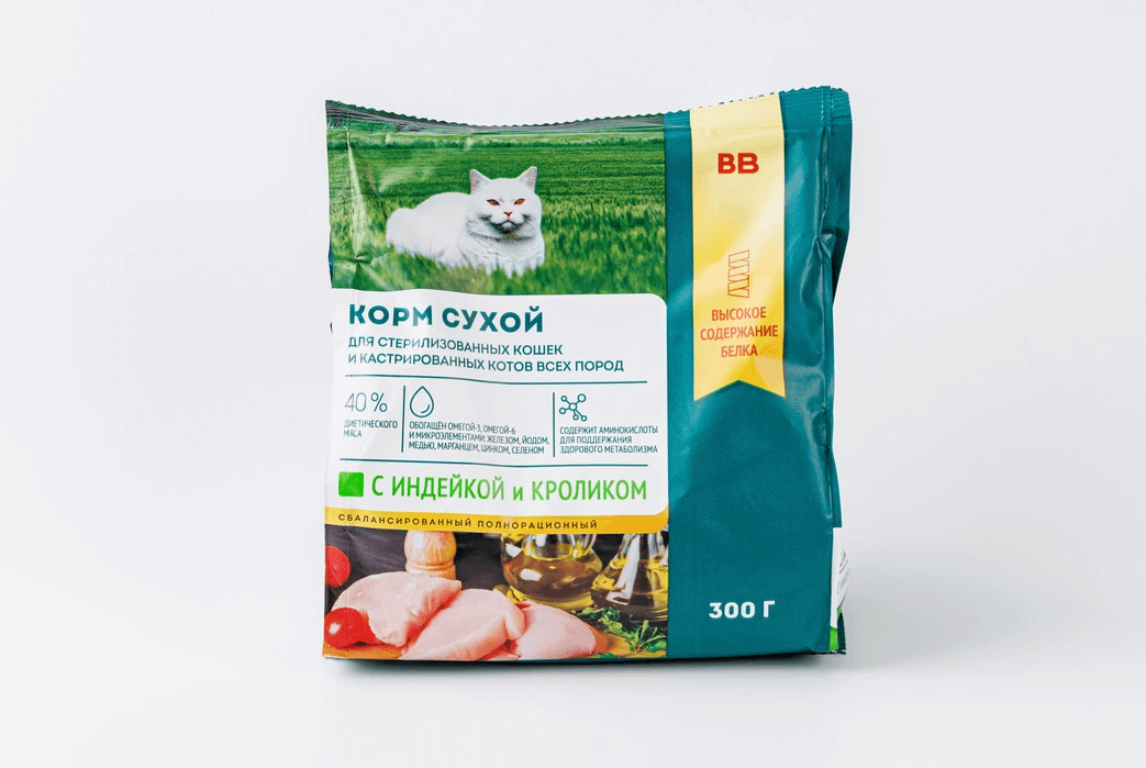 

Сухой корм ВкусВилл с кроликом для стерилизованных кошек и кастрированных котов 300 г
