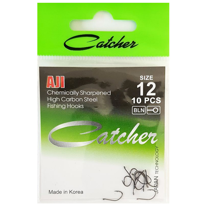 

Одинарные крючки Catcher кристалл №12 BN, с колечком, загнутое острие, с бородкой, Черный, AJI