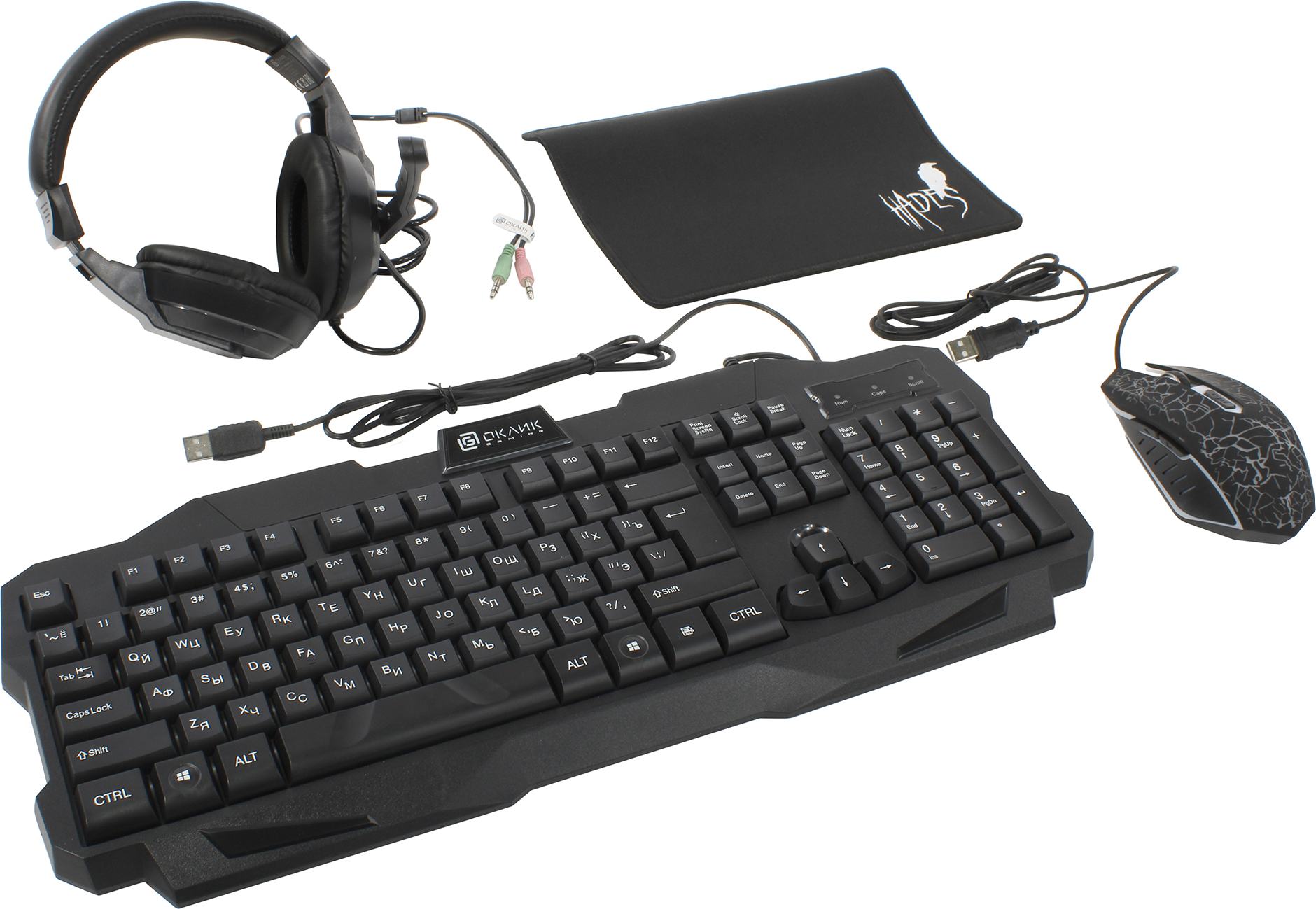 Комплект клавиатура+мышь+наушники+коврик Oklick Hades HS-HKM200G Black
