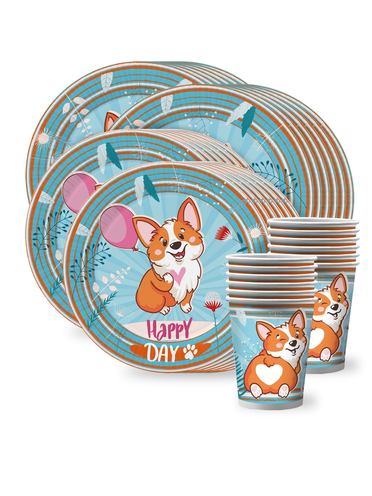 Набор одноразовой посуды ND Play Корги (тарелки 18 и 23 см; стаканы - по 12 шт.)