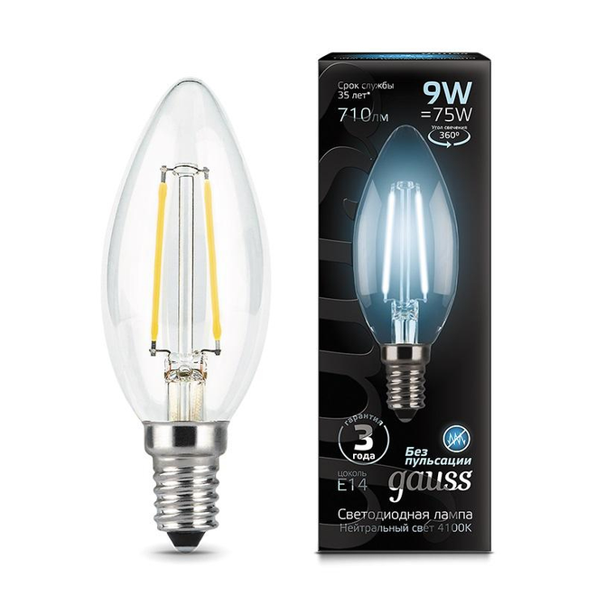 

Лампа светодиодная Gauss LED Filament Свеча E14 9Вт 710Лм 4100К (103801209)