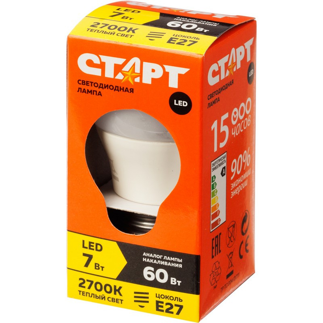 

Лампа светодиодная Старт 7W E27 2700k тепл.бел.шар ECO