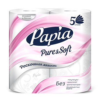 Туалетная бумага Papia PURESOFT Белая 5 слоёв 4 рулона