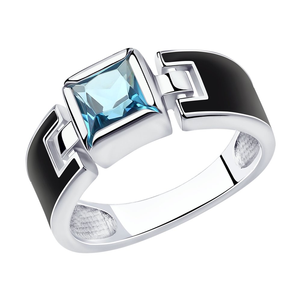Серебряное кольцо с 18-каратным покрытием, изготовленное фирмой SOKOLOV, серийный номер 92011912, украшено искусственным ситаллом и эмалью.
