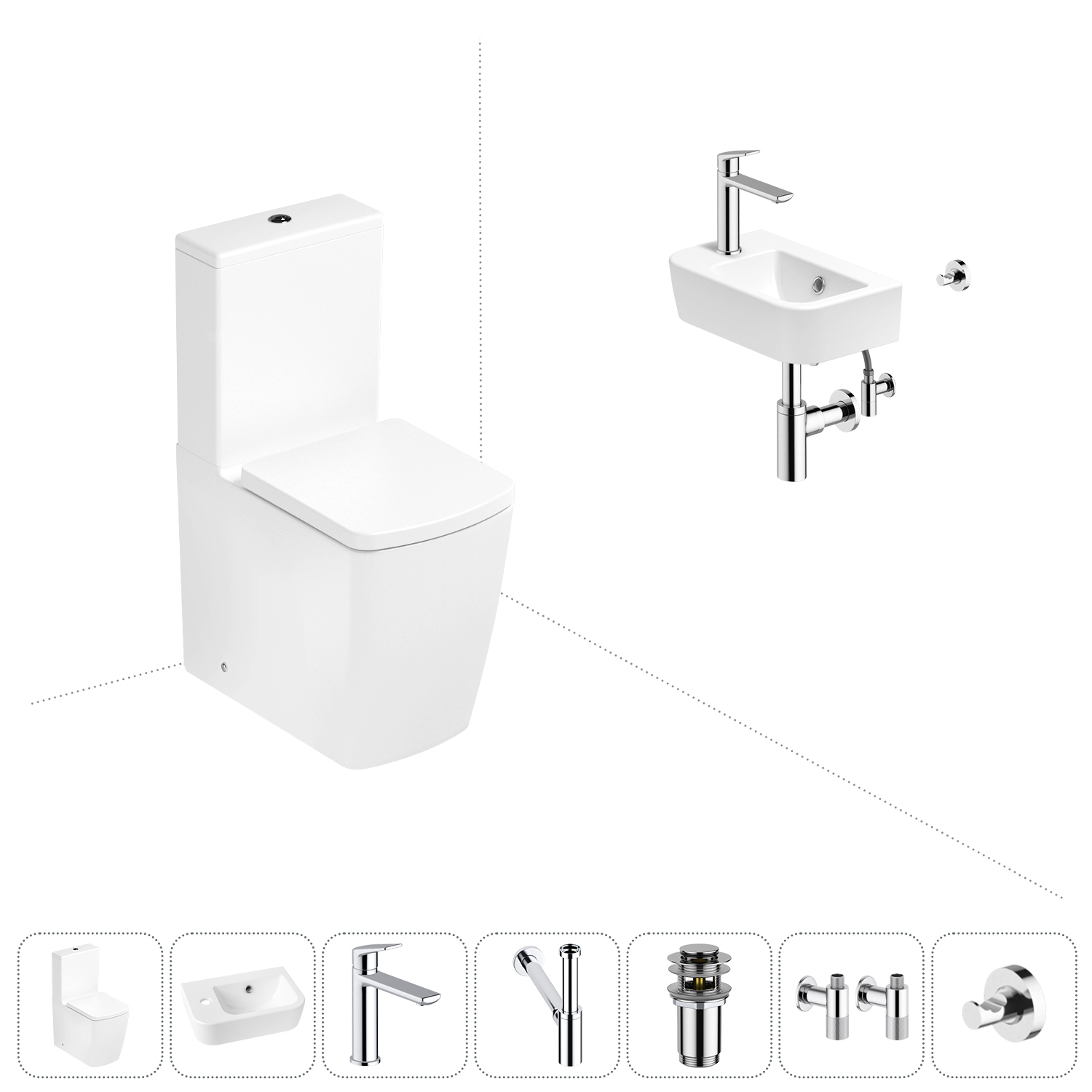 

Безободковый напольный унитаз Lavinia Boho Aveo Rimless 202008830 в наборе 7 в 1, Белый, Набор для туалета_Aveo_3306212R_левсторонняя раковина_ 7 в 1