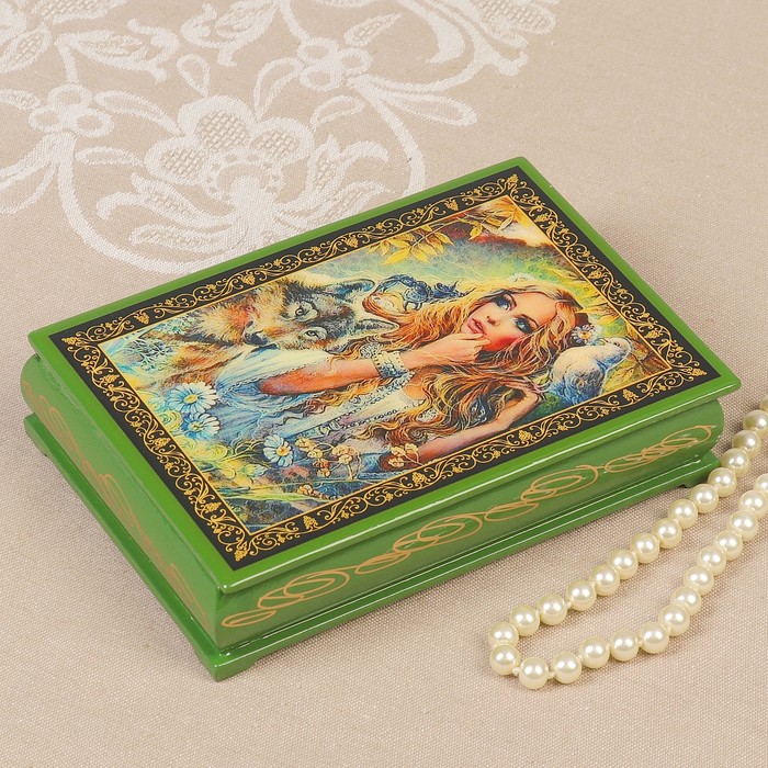 

Шкатулка «Лесная дева», зелёная, 11x16 см, лаковая миниатюра, Зеленый