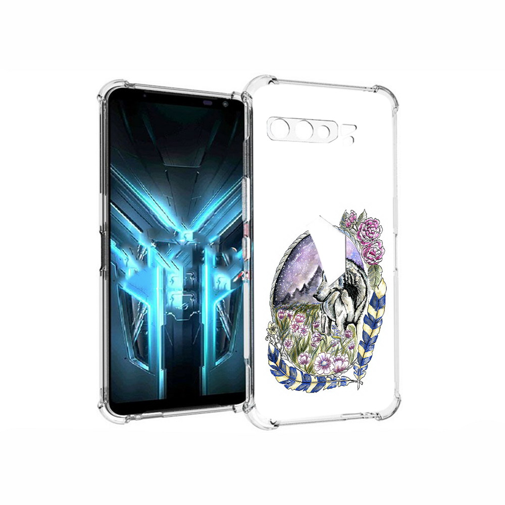 

Чехол MyPads Tocco для Asus ROG Phone 3 нарисованный волк в цветах с перьями, Прозрачный, Tocco