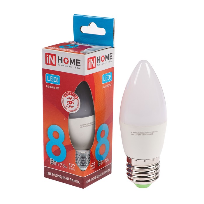 INhome Лампа светодиодная IN HOME LED-СВЕЧА-VC, Е27, 8 Вт, 230 В, 4000 К, 720 Лм