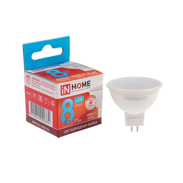 INhome Лампа светодиодная IN HOME LED-JCDR-VC, GU5.3, 8 Вт, 230 В, 4000 К, 600 - 720 Лм