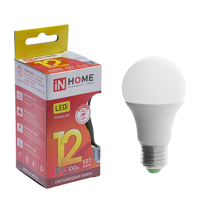 INhome Лампа светодиодная IN HOME LED-A60-VC, Е27, 12 Вт, 230 В, 3000 К, 1080 Лм